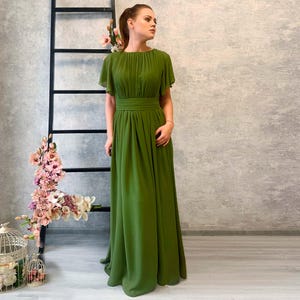 Olive Green Chiffon Grecian Evening Dress: Flowy Formal Gown