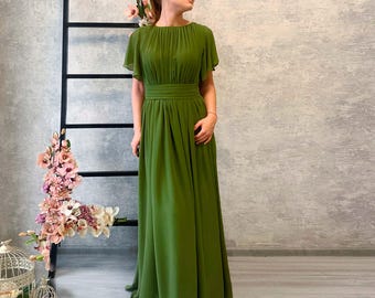green emerald velvet dress Zapaka Army Green Off The Shoulder Long Bridesmaid Dress with Slit A-Line Ruched Wedding Guest Dress, Satin Color / US16 main image 1