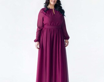 Burgundy Chiffon Maxi Dress: Flowy Long Sleeve Evening Gown