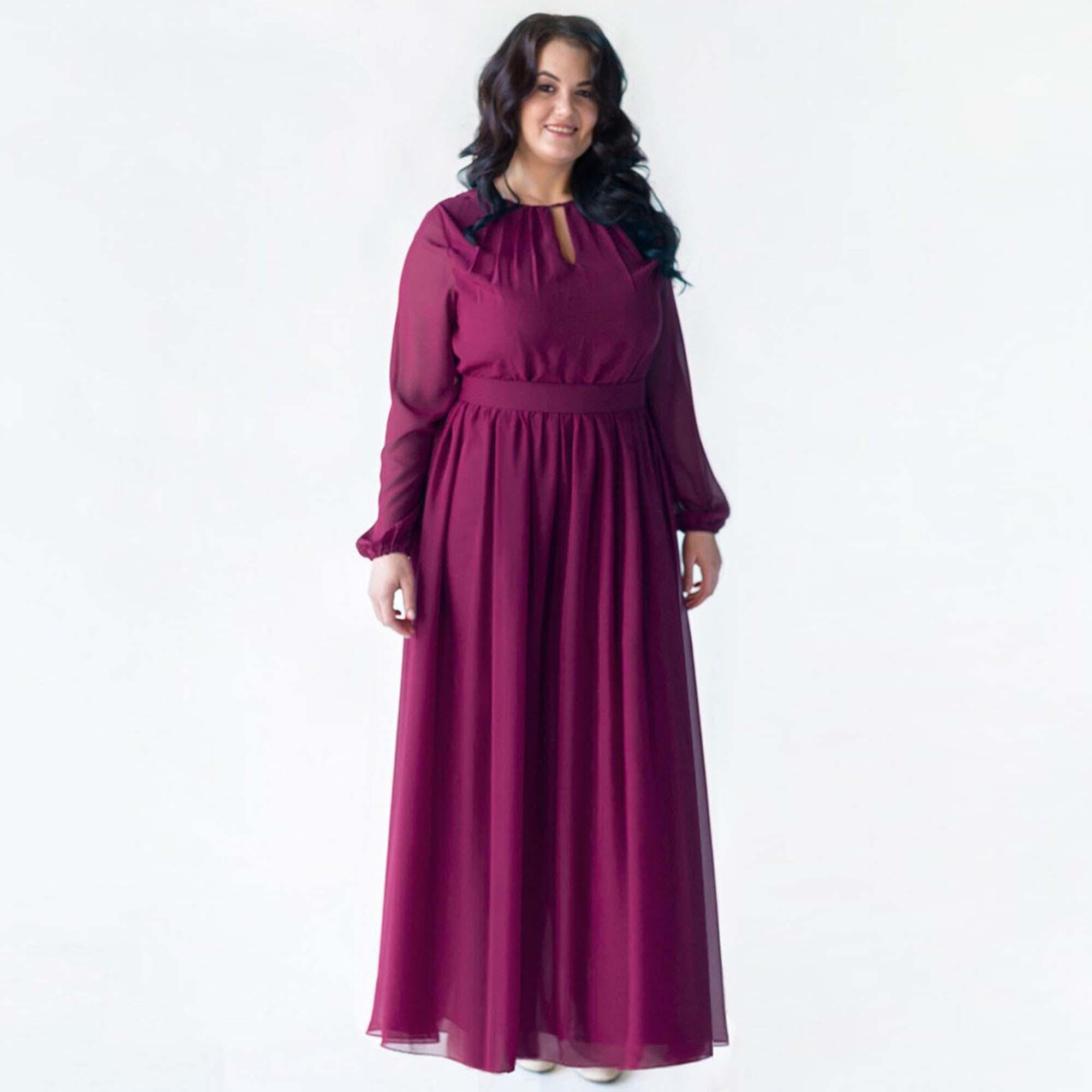 Burgundy Chiffon Maxi Dress: Flowy Long Sleeve Evening Gown