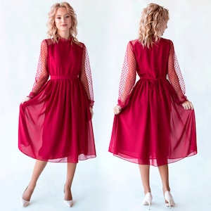 Red Chiffon Midi Dress: Polka Dot Sleeves, Elegant Party Gown