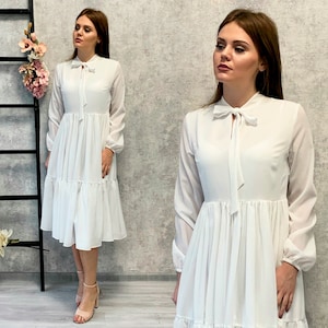 Stylish Ivory White Midi Chiffon Flowy Dress / Short wedding dress / Woman midi dress with long sleeves / White midi cocktail dress