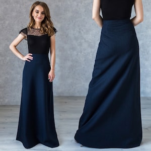 Elegant Womens Dark Blue Skirt / Floor Length Skirt / Formal Skirt / Maxi Skirt / High Waist A Line Skirt / Long Dark Blue Skirt