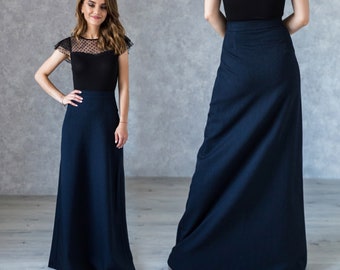 Elegant Dark Blue A-Line Skirt: High Waist Navy Maxi Skirt