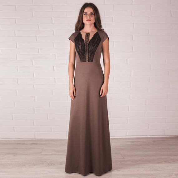 Cocoa Taupe Jersey A-Line Dress: Black Lace Detail, Short Sleeve Autumn Dress