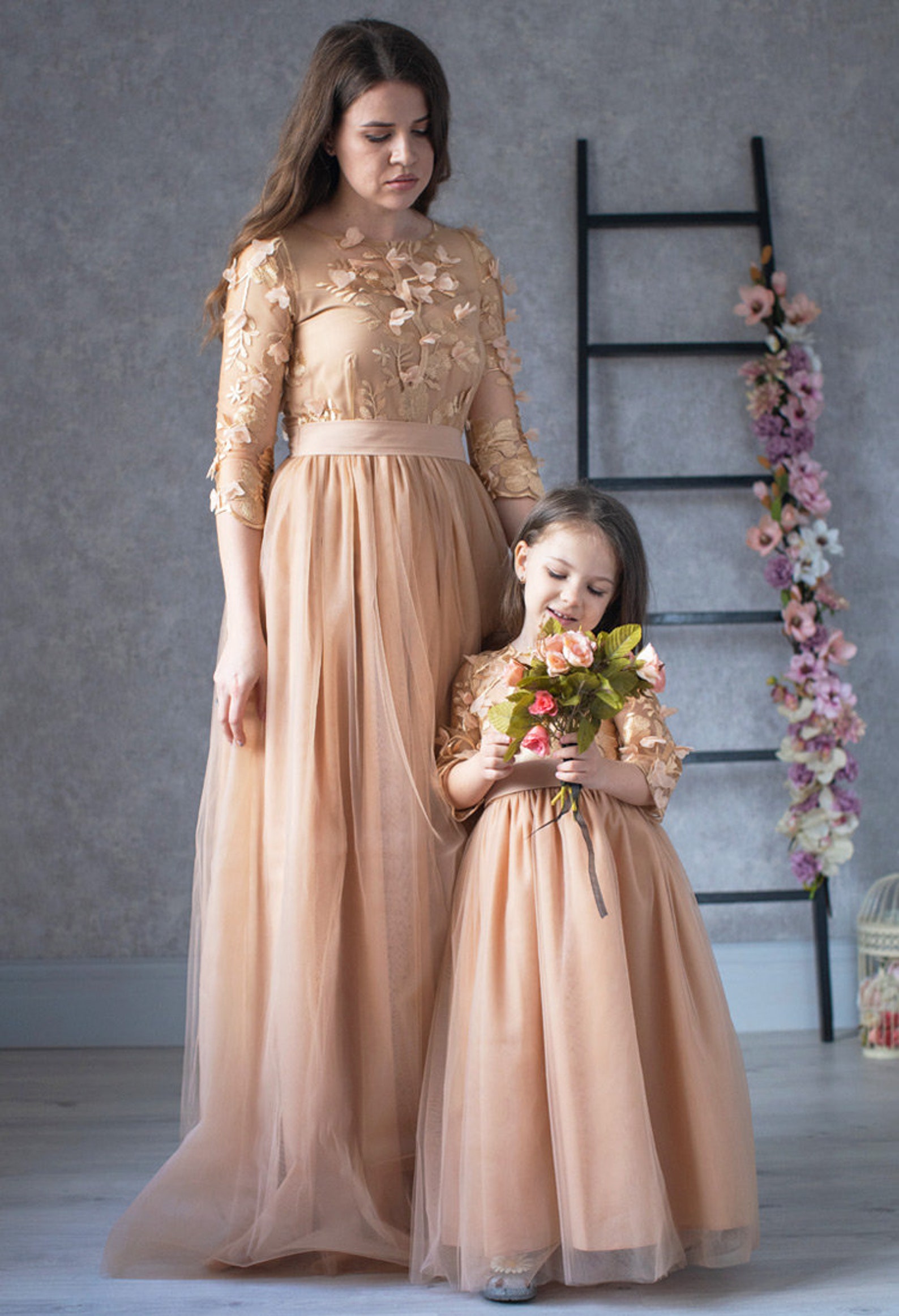 Mommy and Me Dress, Matching Long Gold Dress, Mother Daughter Floral ...