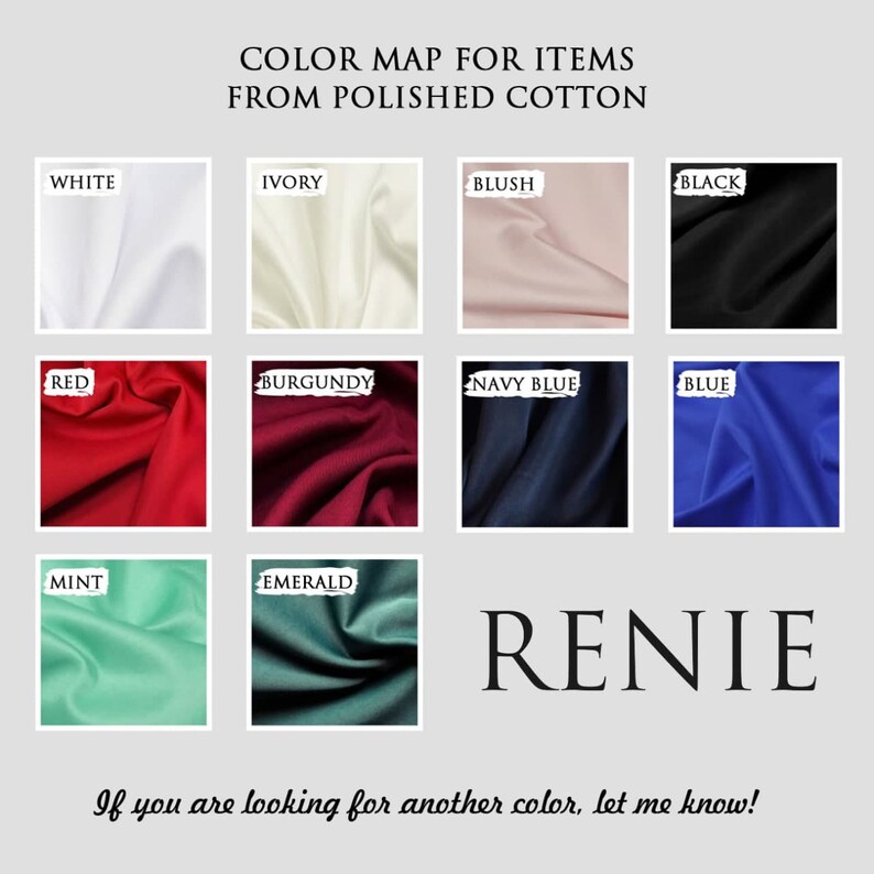 Color map for items from polished cotton
White, Ivory, Blush, Black, Red, Burgundy, Navy Blue, Blue, Mint, Emerald