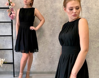 Black Coctail Dress / Greek style sleeveless chiffon evening dress for womens / Knee length wedding party gown / Short prom gown
