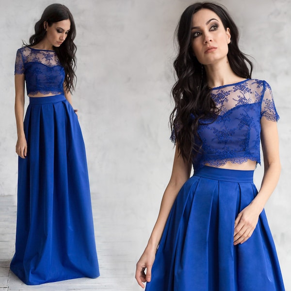 Two Piece Evening Dress with Elegant A Line Skirt and Lace Top / Blue prom crop top & High waist skirt / Unconventional evening gown