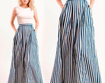 Elegant Striped A line skirt / Long skirt with strips / Maxi skirt with pleats / Floor length skirt with pockets / Pleated Skirt with strips