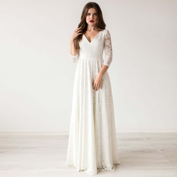 Elegant A-Line Lace Wedding Dress: V-Neck Ivory Bridal Gown Elegant A-Line Lace Wedding Dress: V-Neck Ivory Bridal Gown