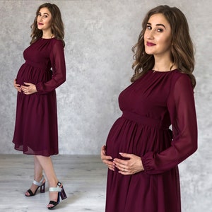 Burgundy Maternity Cocktail Flowy Dress / Midi dress for Future Mom / Elegance Pregnancy Gown / Baby shower dress / Maternity fitted