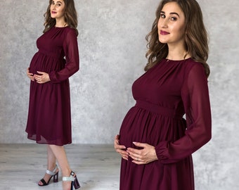 Burgundy Maternity Cocktail Flowy Dress / Midi dress for Future Mom / Elegance Pregnancy Gown / Baby shower dress / Maternity fitted