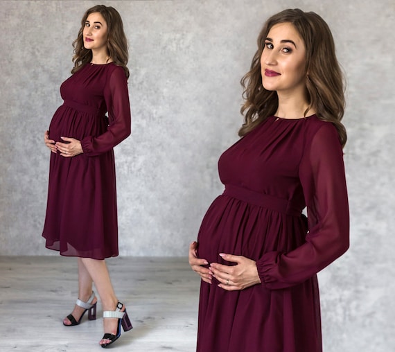 Burgundy Maternity Cocktail Flowy Dress / Midi Dress for Future Mom /  Elegance Pregnancy Gown / Baby Shower Dress / Maternity Fitted - Etsy