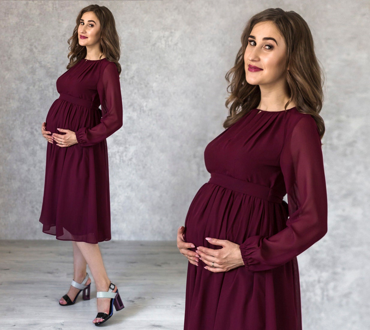Burgundy Chiffon Maternity Midi Cocktail Dress: Elegant Baby Shower Gown Burgundy Chiffon Maternity Midi Cocktail Dress: Elegant Baby Shower Gown