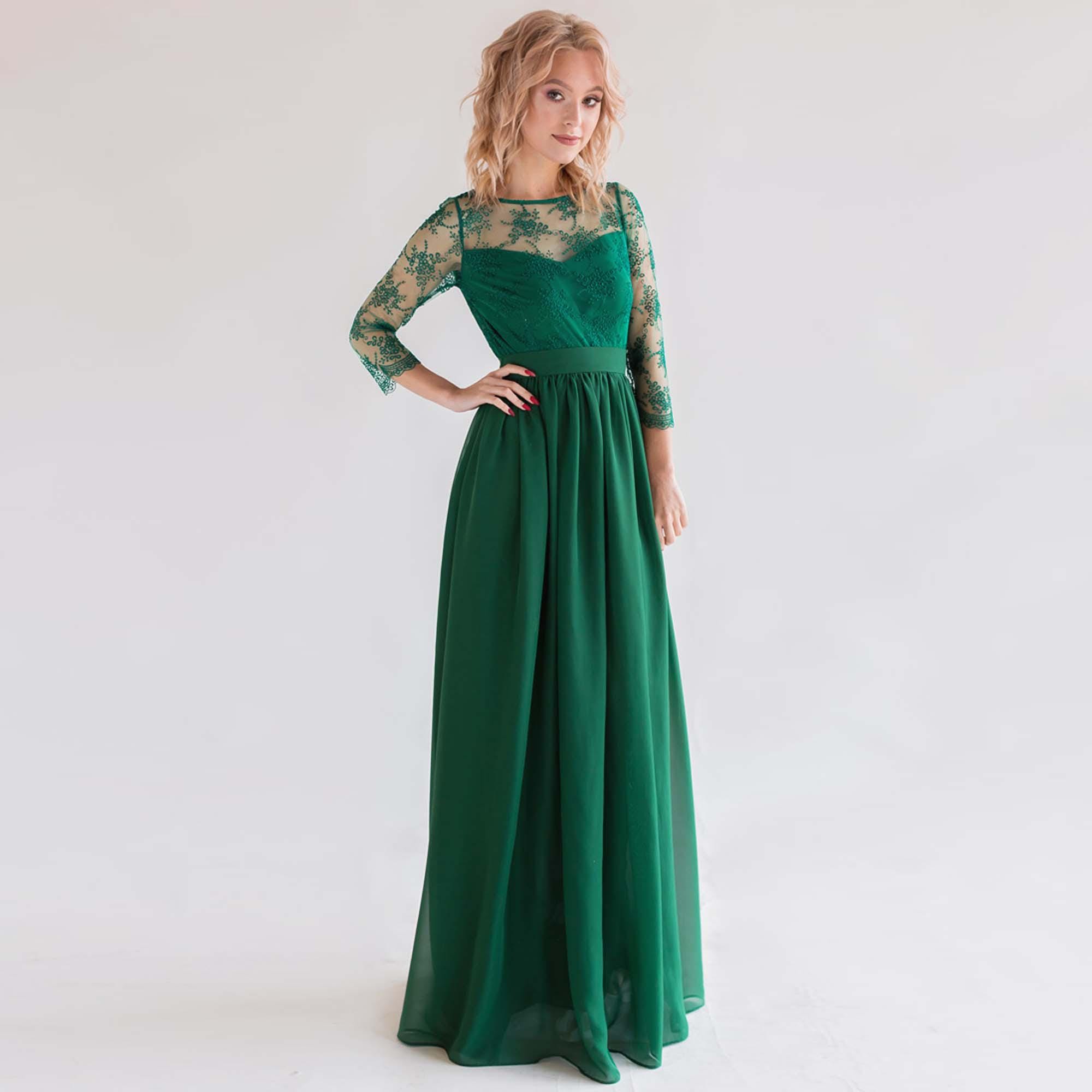 Emerald Chiffon Evening Dress: Lace Top, 3/4 Sleeves, Flowy Formal Gown