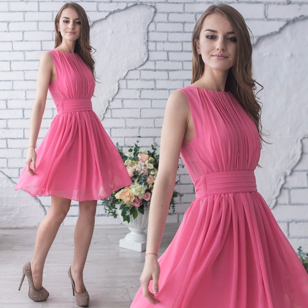 Pink Greek Style Coctail Dress / Minimalist knee length sleeveless chiffon dress for womens / Fuchsia wedding party gown / Short prom gown