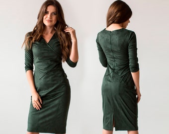 Emerald Green Faux Suede Midi Dress: V-Neck Office Style