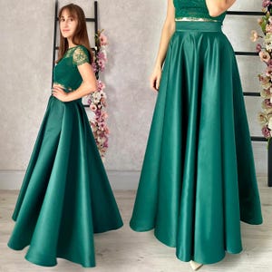 Emerald Green Satin Maxi Skirt: High Waist Formal Circle Skirt with Pockets