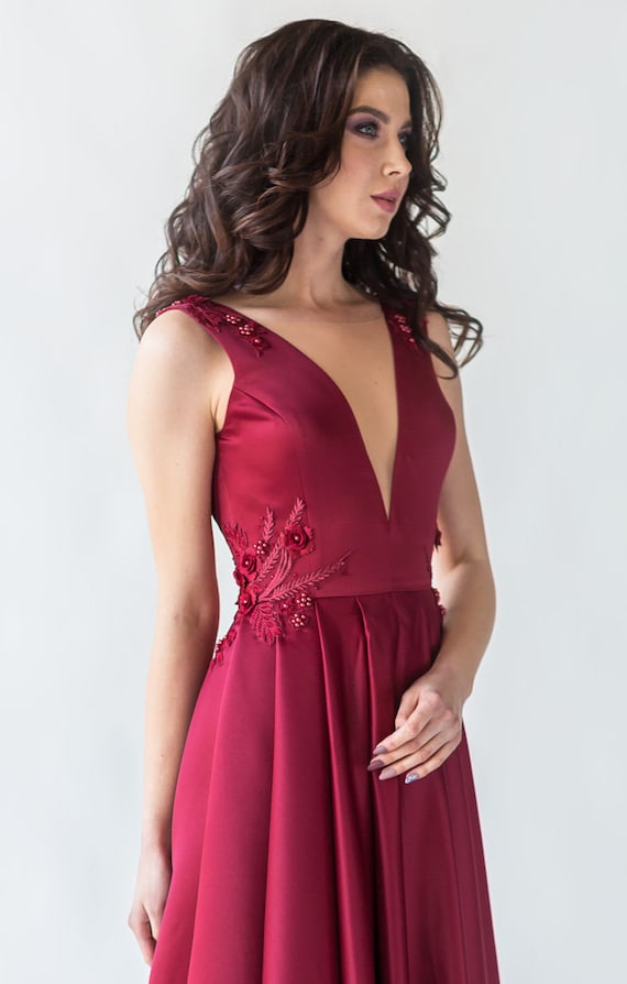 Backless Burgundy Satin Dress With Floral Decor / Beaded Long