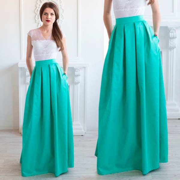 Elegant A Line Mint Skirt / Maxi skirt with pleats / Classic floor length skirt with pockets / Formal skirt (can be in different colors)