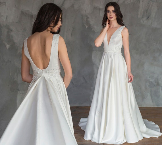 Satin Wedding Dress With Open Back / Deep V-neck Bridal Dress - Etsy