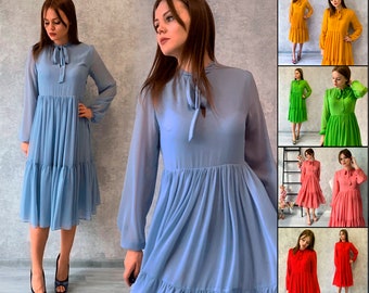 Stylish midi chiffon flowy dress, woman midi dress with long sleeves, midi cocktail dress, blue cocktail dress with bow, plus size clothing