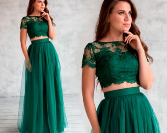 Two Piece Evening Dress with Tulle Skirt / Evening crop top with high waist flowy skirt / Crop top prom dress / Unconventional evening gown