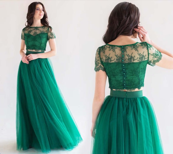 Two Piece Evening Dress With Tulle Skirt Evening Crop Top With High Waist Flowy Skirt Crop Top Prom Dress Unconventional Evening Gown Etsy UK