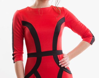 red 3 4 sleeve bodycon dress Fengqque Women's Work Dress 3/4 Sleeve V Neck Suit Skirt Bodycon Dress  office Business Dresses with Belt Red L(L)