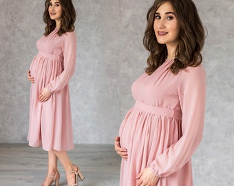 Blush Maternity Cocktail Flowy Dress / Midi dress for Future Mom / Elegance Pregnancy Gown / Baby shower dress / Maternity fitted
