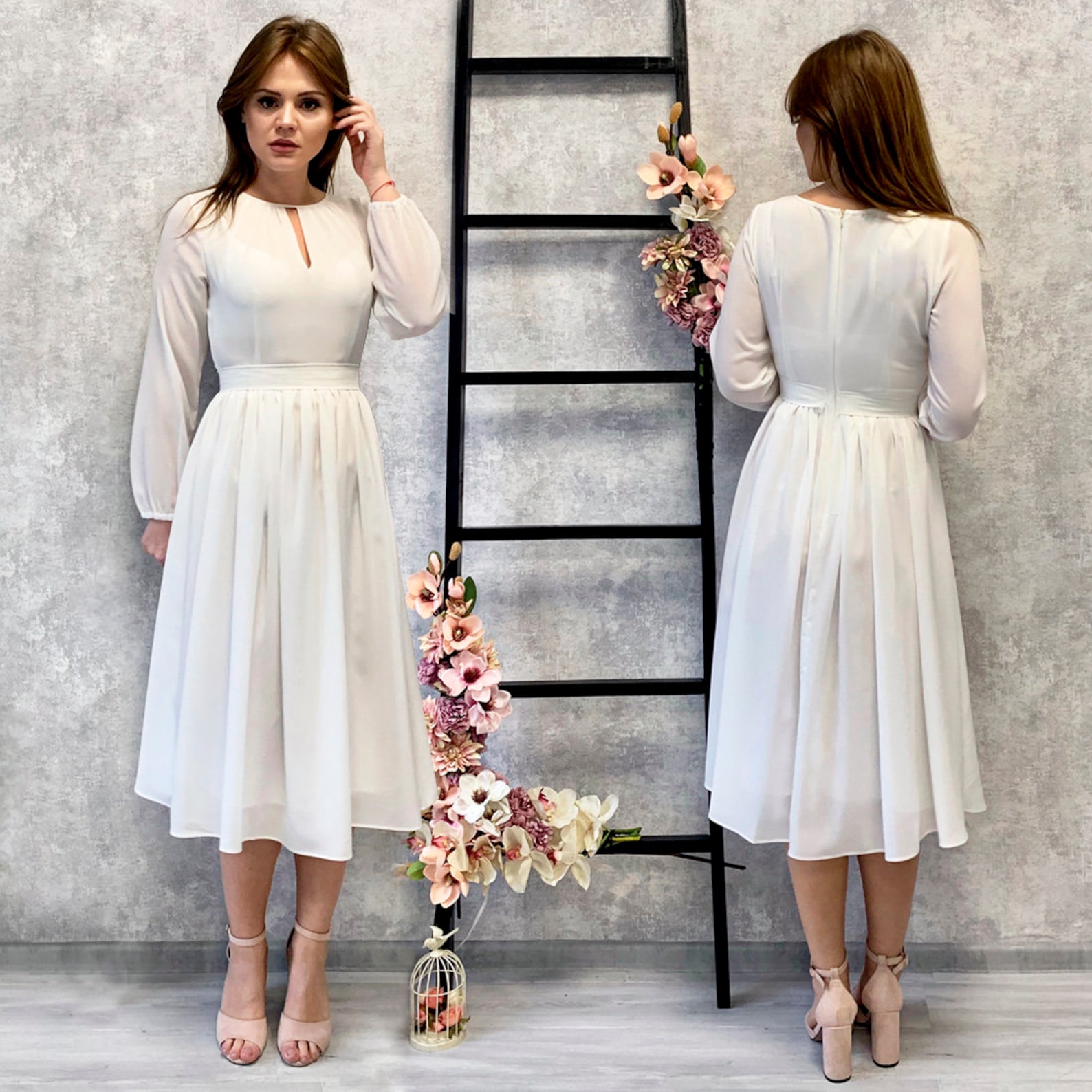 Romantic Blush Cocktail Flowy Dress With Long Sleeves Tender - Etsy