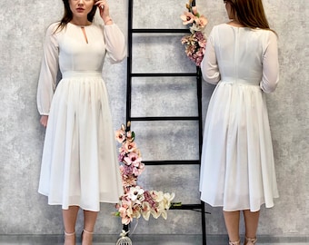 Romantic Ivory White Cocktail Flowy Dress With Long Sleeves, Short wedding dress, Tender midi chiffon dress for womens, Wedding party gown