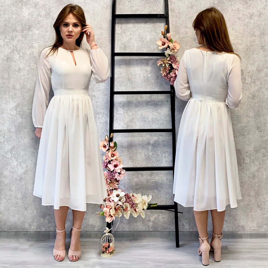 Romantic Blush Cocktail Flowy Dress With Long Sleeves Tender Pink Midi Chiffon Dress for Womens Wedding Party Gown Lightweight Prom Gown Etsy Ireland