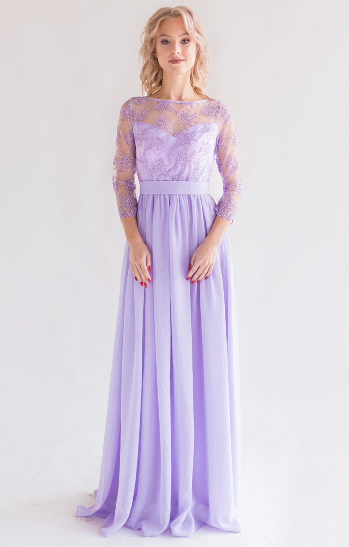 Lavender Long Sleeves Lace Appliques A-Line Long Party Dress Evening Gown, DP2796 main image 1
