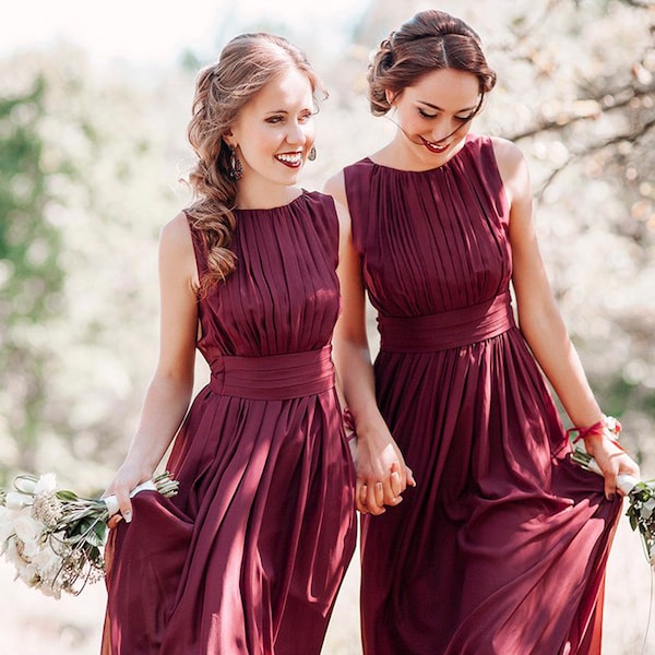 Brautjungfer Kleid Marsala Maxi / Langes Chiffon Kleid für Frauen / Elegantes bodenlanges Kleid für Brautjungfern / Burgunder Partykleid