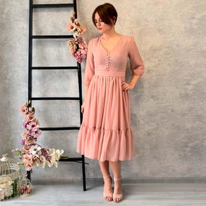 Elegance Midi Chiffon Flowy Dress / MANY COLORS / Woman midi dress with sleeves / Short coctail dress / Dress with pearl buttons