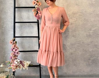 Elegance Midi Chiffon Flowy Dress / MANY COLORS / Woman midi dress with sleeves / Short coctail dress / Dress with pearl buttons