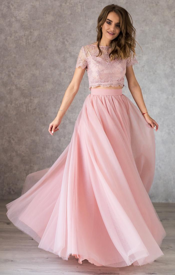 Lace Crop Top and Tulle Skirt Evening Dress: Blush Two Piece Outfit Lace Crop Top and Tulle Skirt Evening Dress: Blush Two Piece Outfit