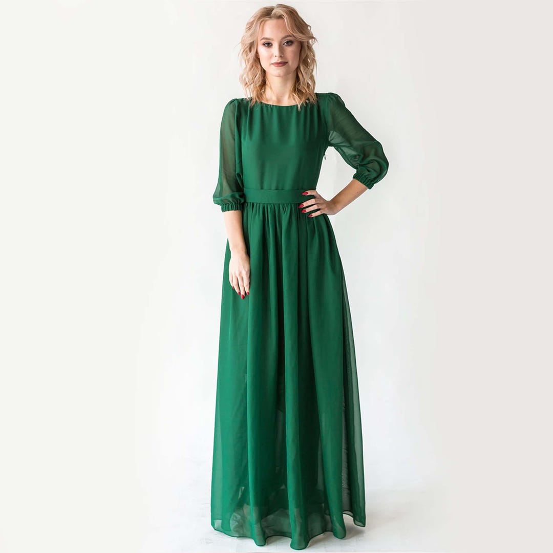 Emerald Maxi Dress With Pearl Buttons and Sleeves / Women