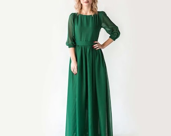 Emerald Chiffon Maxi Dress: Pearl Button Formal Cottagecore Dress