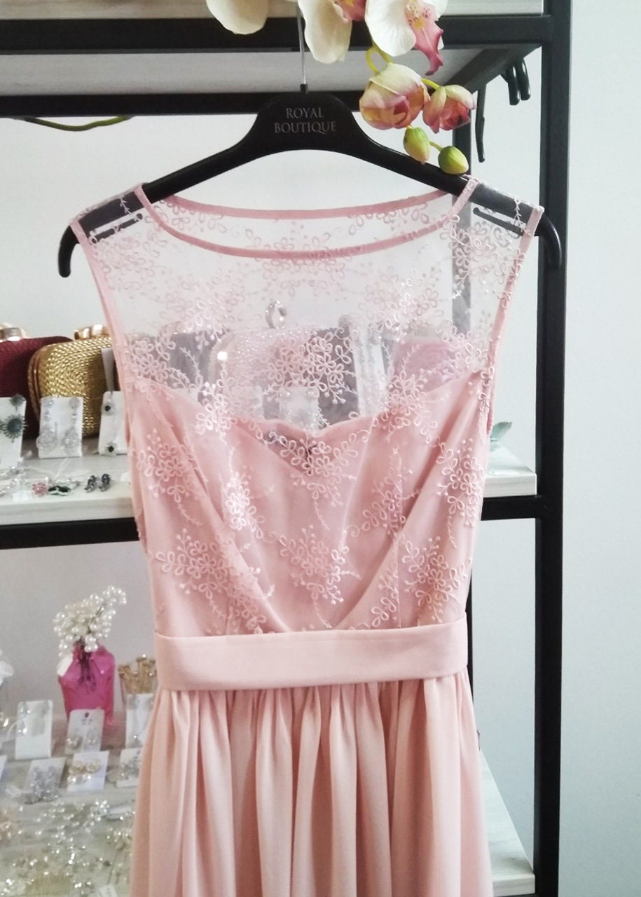 Blush Chiffon Long Dress: Sleeveless Lace Top Formal Gown