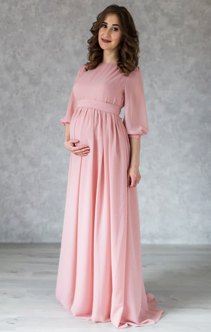 maternity dresses pink blush Gown: Long Sleeve Photo Shoot Dress Designed for comfort and style throughout your pregnancy PinkBlush Pink Shimmer Mesh Long