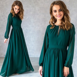 Emerald Green Chiffon Formal Dress: Long Sleeve A-Line Evening Gown