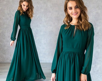 Emerald Green Chiffon Formal Dress: Long Sleeve A-Line Evening Gown