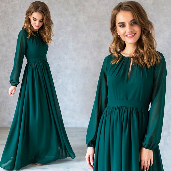 Women Formal Chiffon Closed Emerald Dress / Dark Green Flowy Dress With Long Sleeves / A-line Formal Party Dress / Wedding party long gown