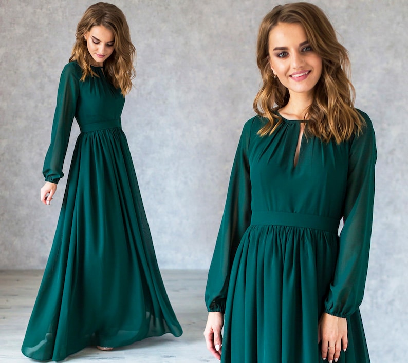 Women Formal Chiffon Closed Emerald Dress / Dark Green Flowy Etsy