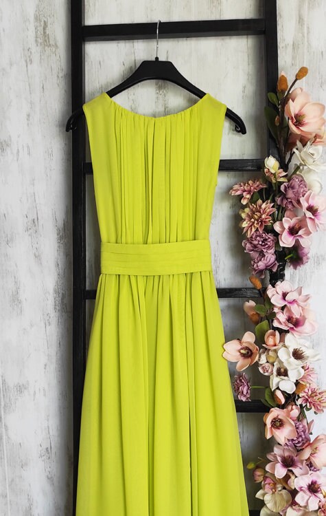 lime green chiffon dress Long Bright Olive Elegant Chiffon Dress One Shoulder Evening Dress W/Fabric  Flowers(BM346) – DaisyFormals-Bridesmaid and Formal Dresses in 59+ Colors main image 0
