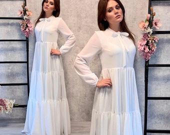 Vestido de novia civil de gasa: vestido formal blanco fluido