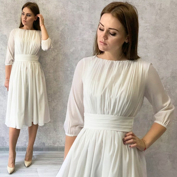 Elegance Midi Chiffon Flowy Dress / Ivory midi gown / Woman short white dress with sleeves / Short wedding dress / Grecian style party dress